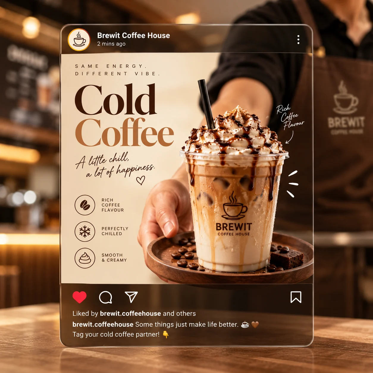 Sunday Brew iced coffee promotional poster displayed in a café-style mockup with warm lighting, coffee imagery, and a dark background.