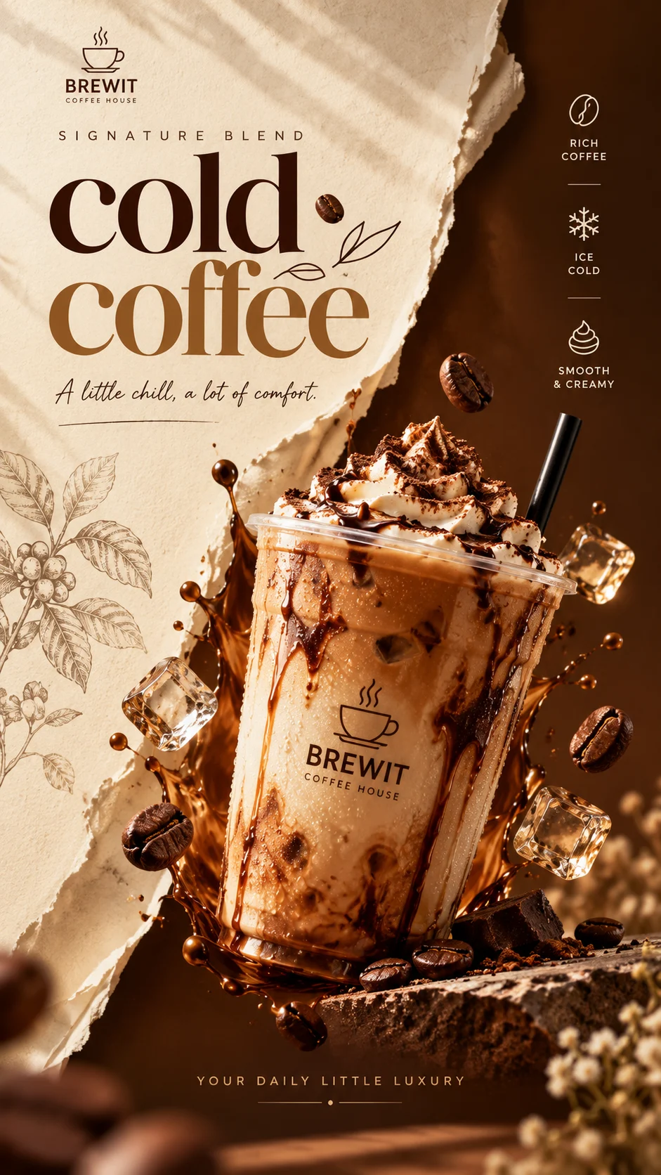 Iced coffee campaign visual with a coffee glass, scattered coffee beans and a warm cream background in an editorial composition.