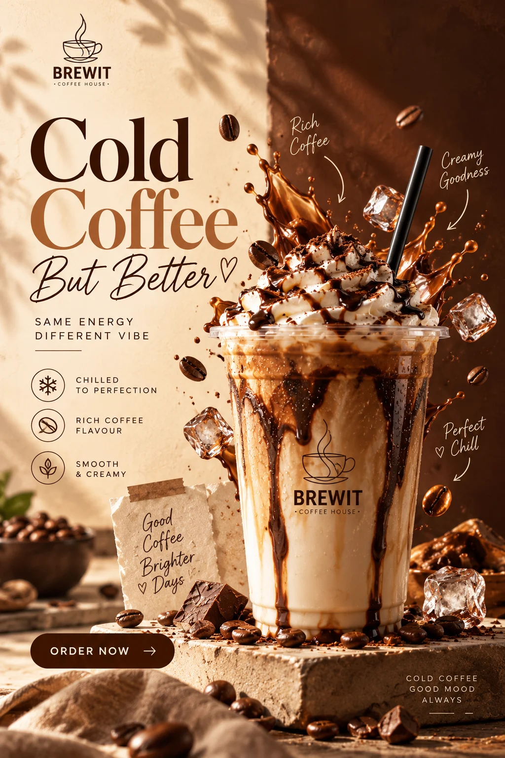 Sunday Brew cold coffee advertising poster featuring an iced coffee drink, coffee beans and warm caramel-toned product styling.