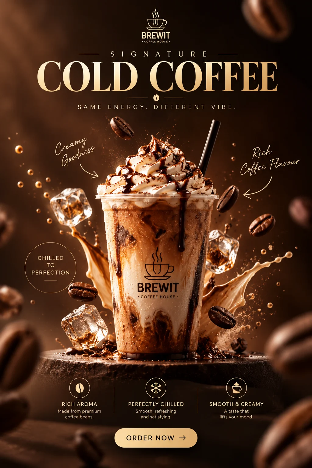 Close-up iced coffee advertisement with a dramatic coffee splash, ice cubes and coffee beans against a rich brown background.