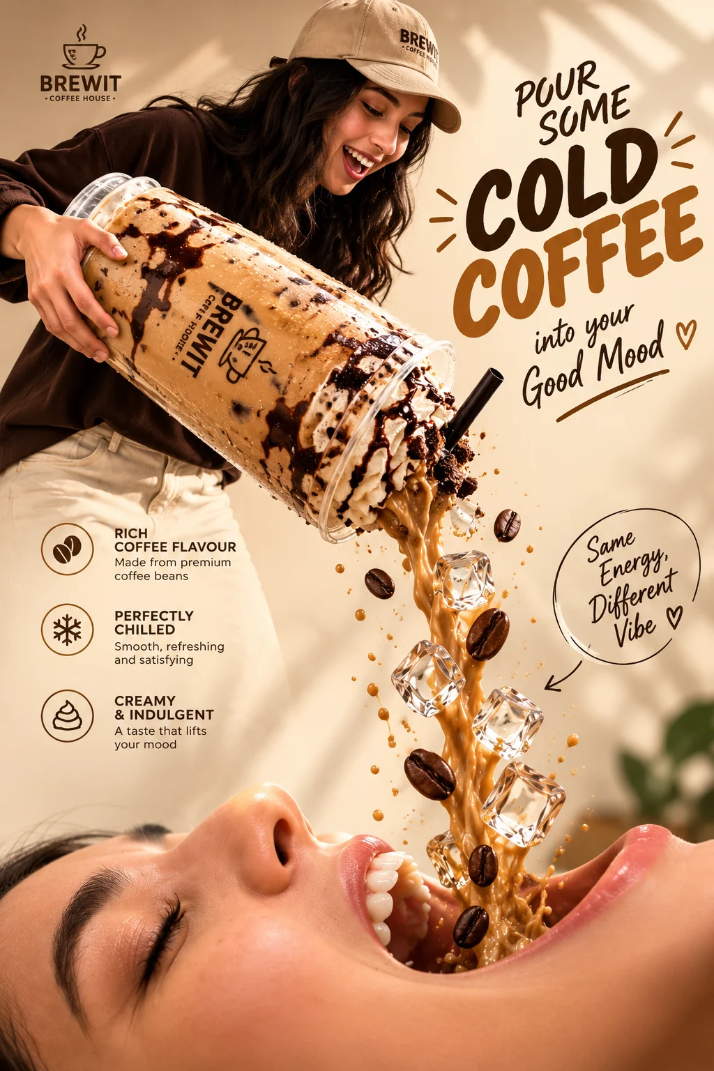 Cold coffee promotional poster presented in a café-style mockup with warm lighting and a dark wood display.